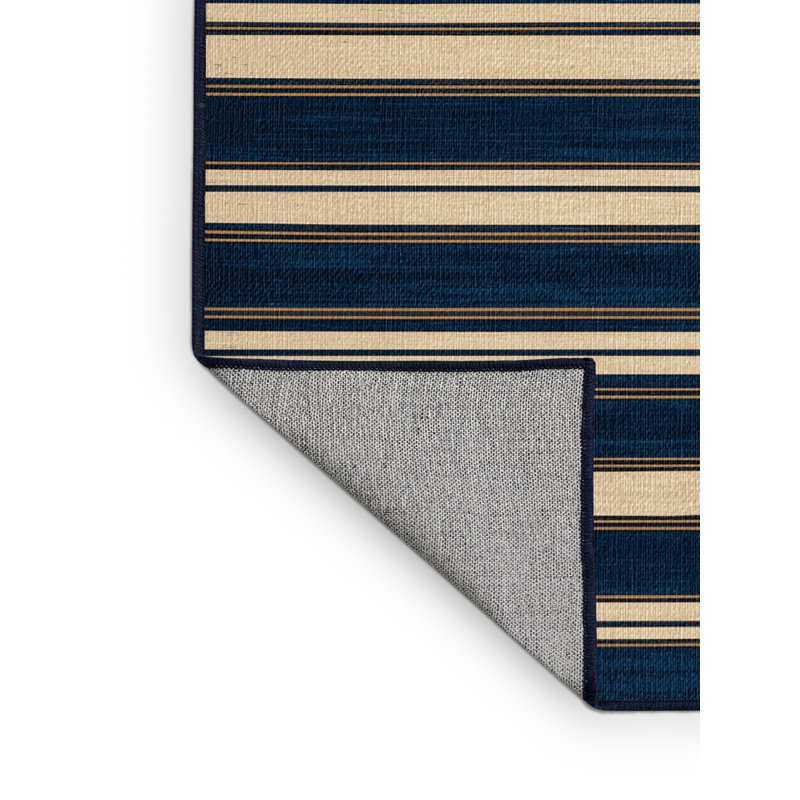 Washable Deep Blue Cream Striped Area Rug, Rectangle 5' x 7'