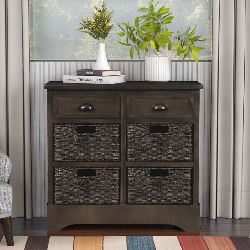 Console en bois avec tiroirs de rangement et panier en rotin