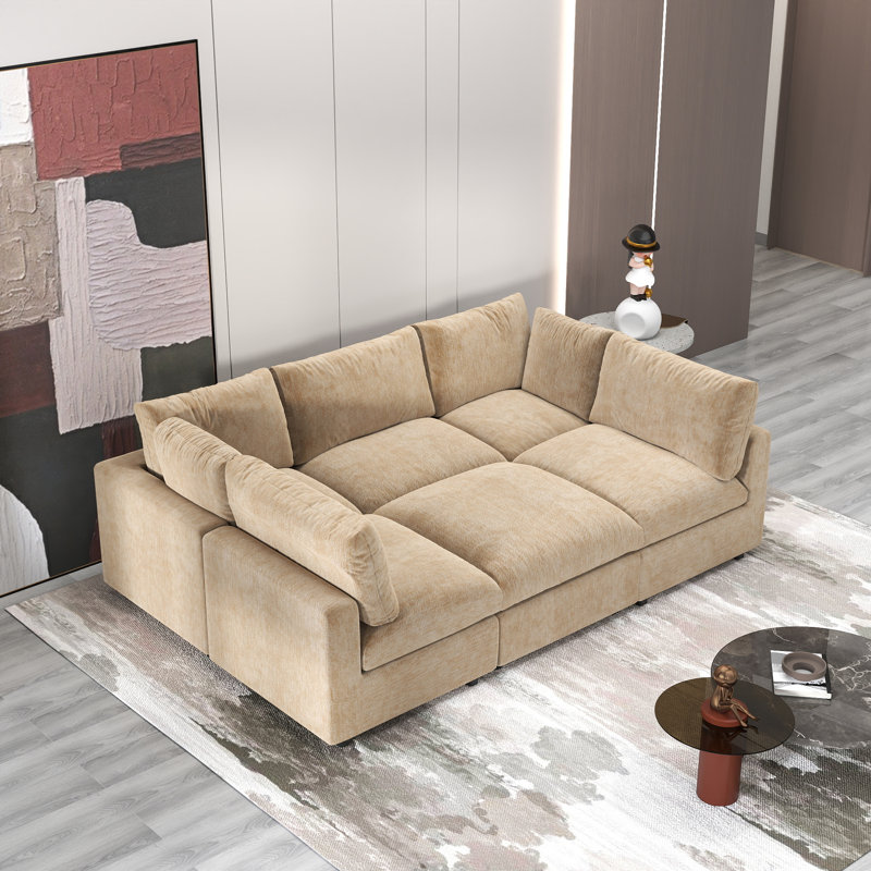 Kessi 6-Piece Upholstered Modern Chenille Fabric Modular Sectional Sofa With Ottoman, Khaki Chenille