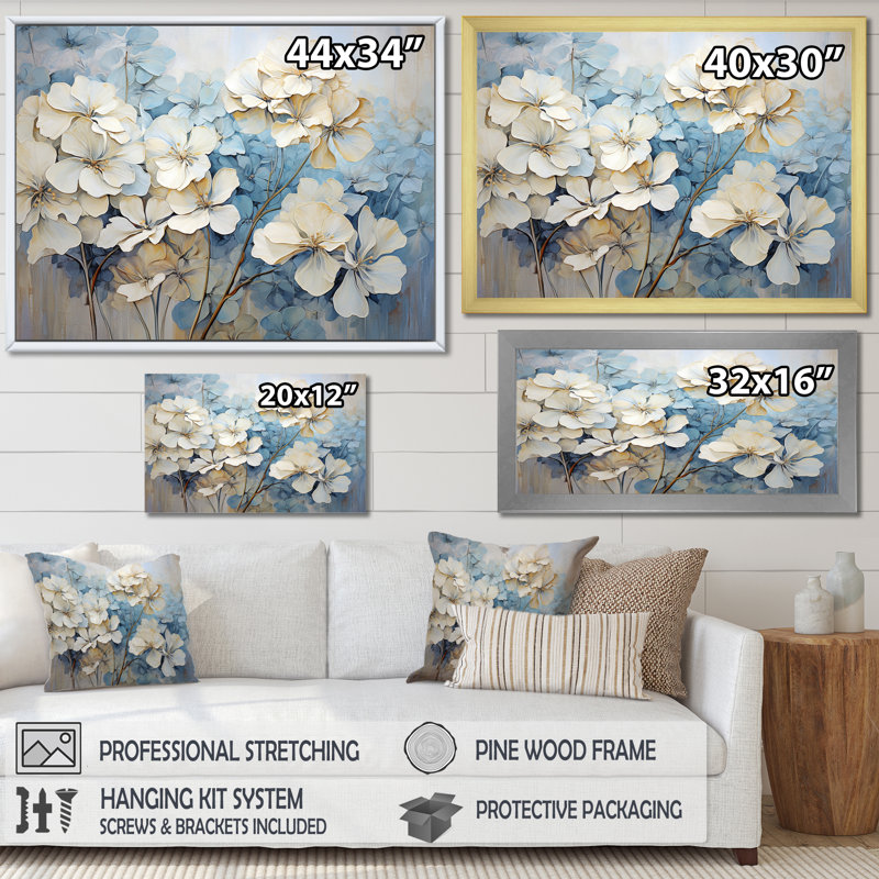 Minimalisme, géraniums blancs et bleus, Cadre simple argenté, H 16 po x l 32 po x P 1 po