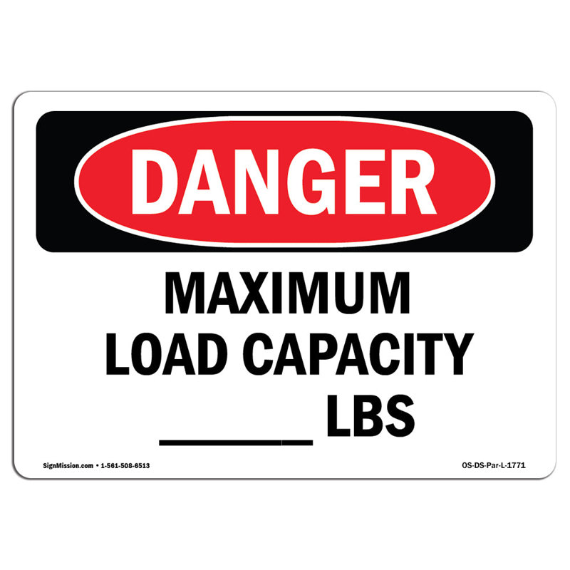 OSHA Danger Maximum Load Capacity Lbs Sign, 18" H x 24" W x 0.1" D