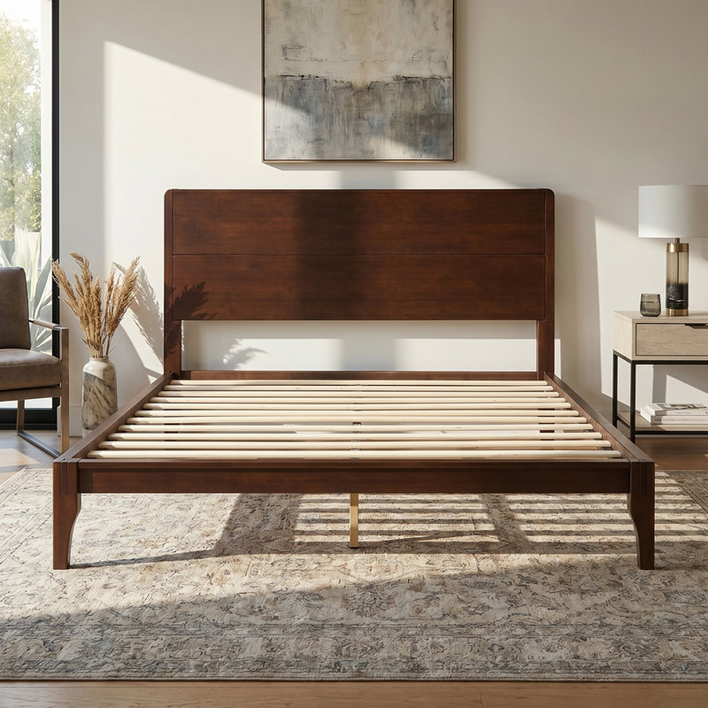 Mid-Century Modern 12 Inch Bamboo Wood Platform Bed with Wood Slat Support, No Box Spring Needed, Easy Assembly, Chocolate
