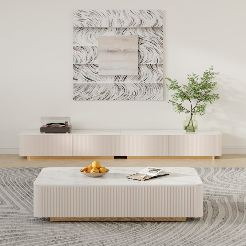 Gwendlyn Delorme 51" Modern Rectangular Coffee Table, Glossy White Sintered Stone Tabletop, Livingroom Table with 2 Large Drawers