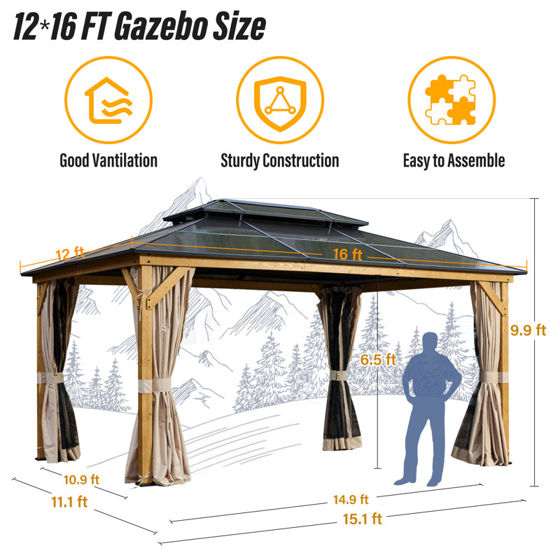 16 Ft. W X 12 Ft. D Hardtop Gazebo, Solid Wood Frame Permanent Pavilion with Curtains and Netting, Outdoor Double Roof Canopy, Designed for Garden, Lawns, Patio
