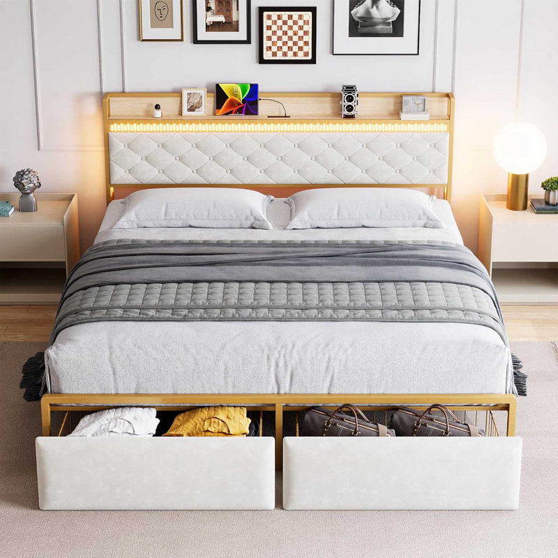 Danitra Upholstered Metal Slat Storage Bed, King, White/Gold