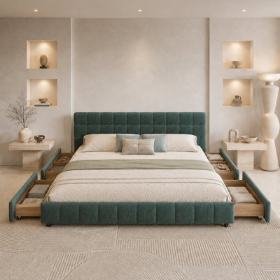Lit plateforme tapissier en chenille moderne avec quatre tiroirs sous le lit