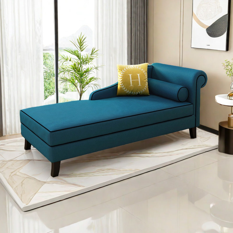 Chaise longue rembourrée Gibeon, Accoudoir à droite (vu de face), Mélange de lin bleu foncé