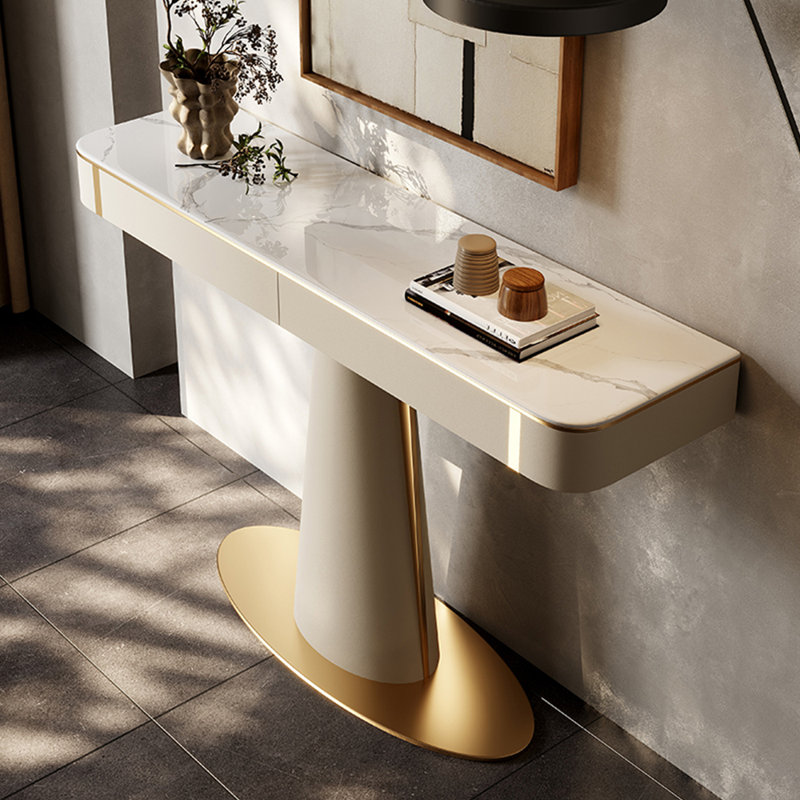 Console de style italien simple de luxe, Doré / crème, H 33,5 po x l 63 po x P 13,8 po, Blanc