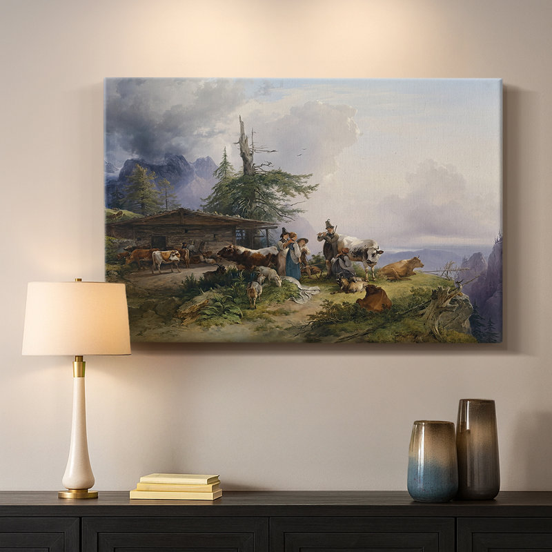 Paysage alpin avec un berger et un bouvillon-Art sur toile tendue avec châssis-Gauermann-c. Milieu du 19e siècle, 18 x 27