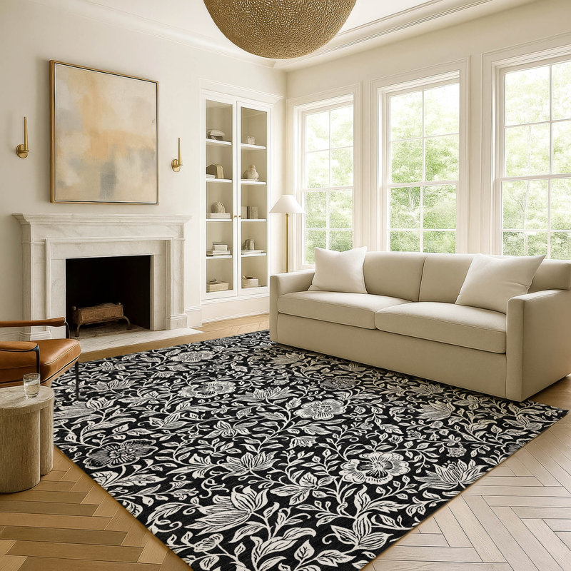 Machine Washable Indoor/Outdoor Chantille ACN2572 Floral Rug, 2'6" x 3'10", Black