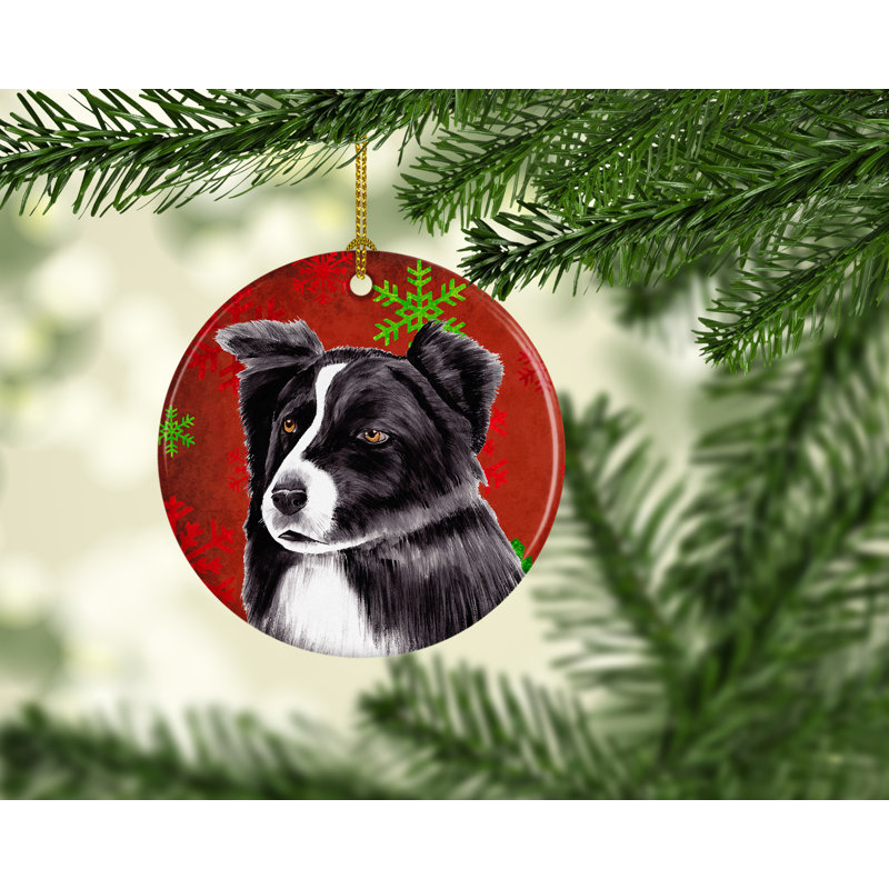 Ornement figurine suspendu en céramique collie flocons de neige de noël border