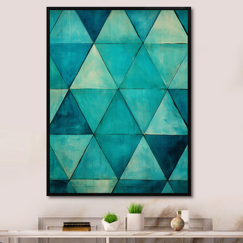 Triangles turquoise sur toile, Cadre flottant noir, 44" H x 34" W
