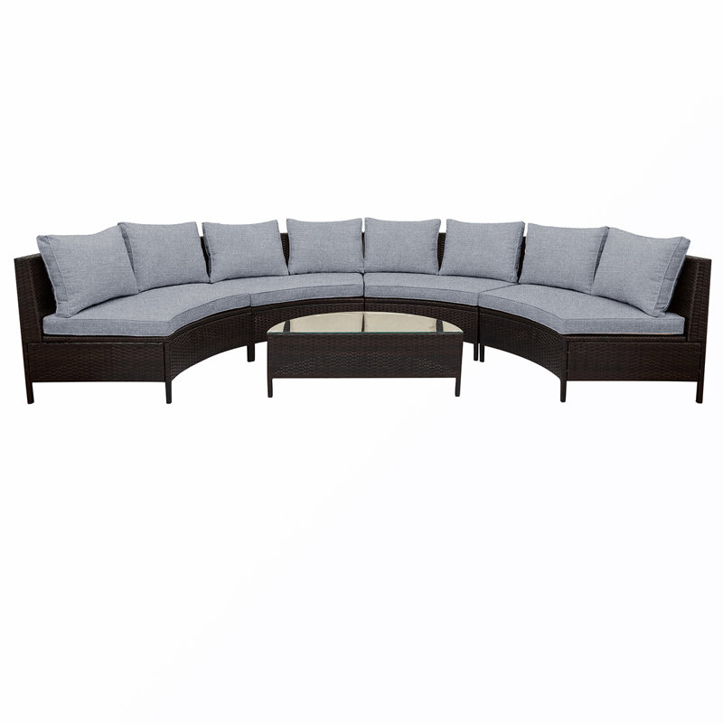 Canapé modulaire d'extérieur courbé en osier de 126 po de largeur avec coussins Timitra, gris