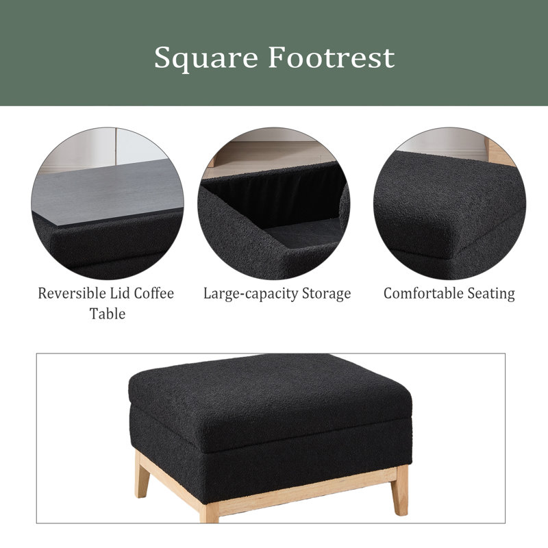 Repose-pieds avec rangement 33,86 "avec base en bois et table basse avec couvercle réversible, repose-pieds avec repose-pieds en bois d'hévéa