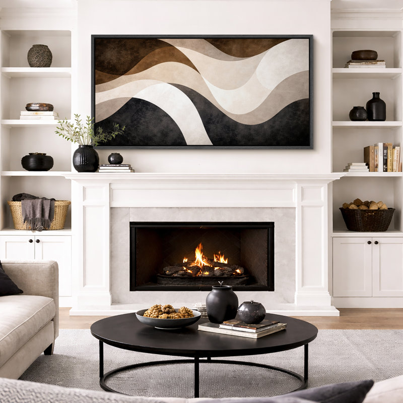 Abstrait brun beige, motif de vagues fluides, images de salon moderne, impression sur toile encadrée, Cadre noir