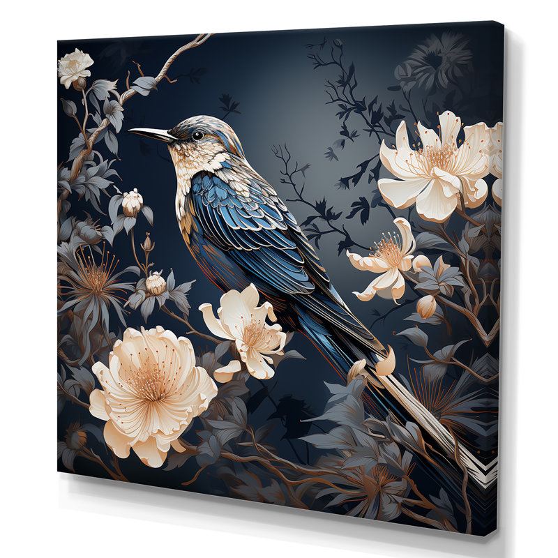 «Midnight Floral Bird Melody 3 - Colibri», art mural, Toile tendue, H 30 po x l 30 po x P 1,5 po
