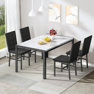 5-Piece Marble Dining Table Set - Space-Saving Table & 4 Velvet Chairs