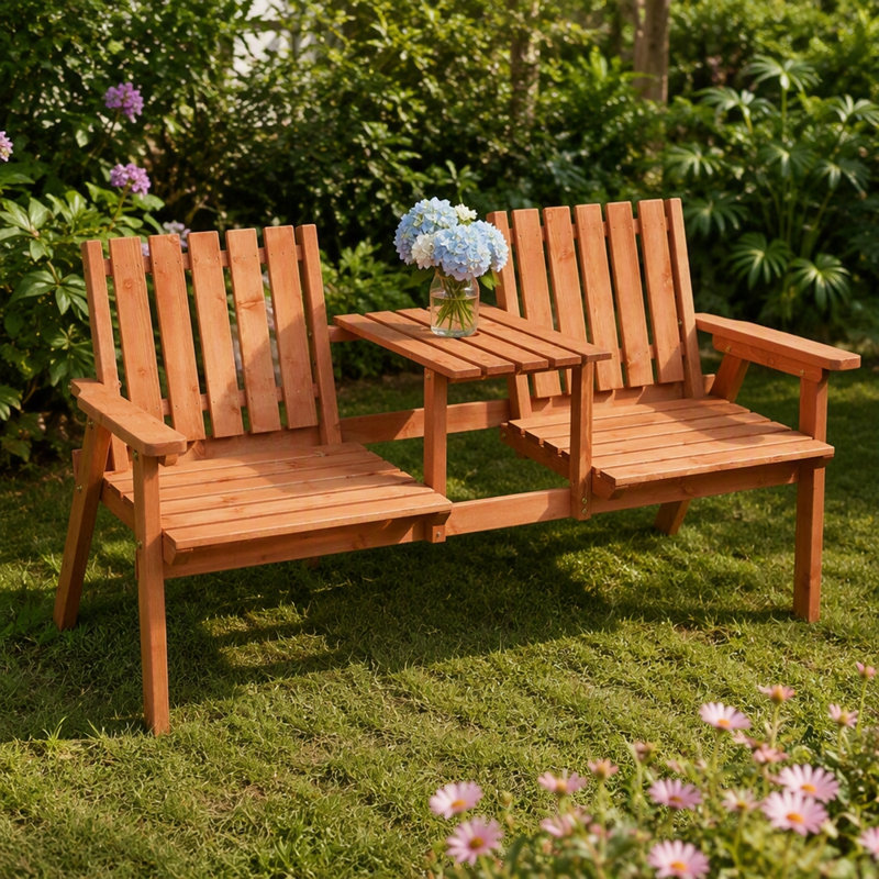 Banc en bois avec table du milieu et trou pour parasol