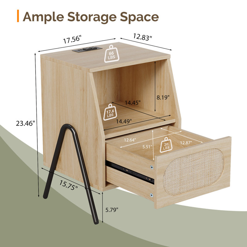 Oak Rattan Single Drawer Jameson With Outlet, 17.3X15.7X23.6In