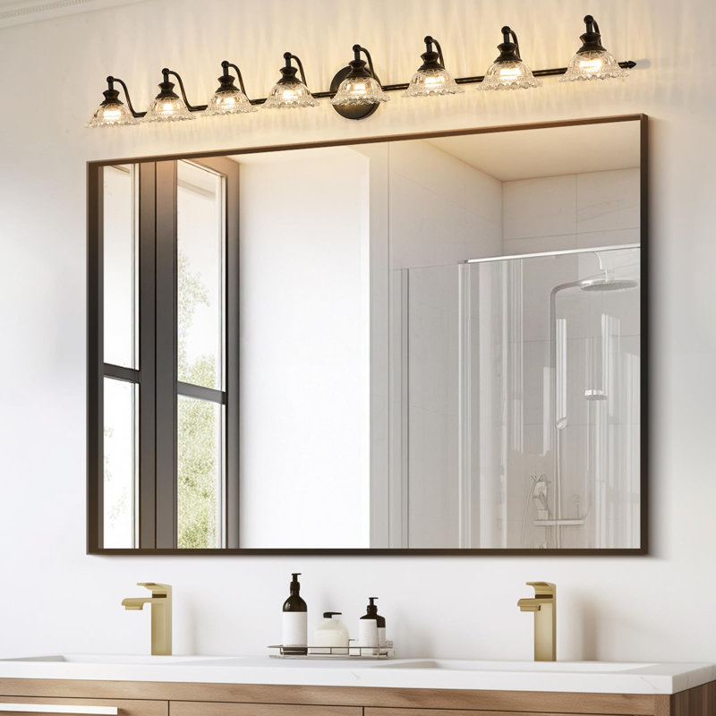 Applique murale noire à 8 lumières pour salle de bain avec abat-jour en verre transparent, Noir mat, 8 Light