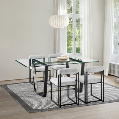 Mirriah 5 Piece Rectangular Glass Dining Table Set with Metal Frame and Upholstered Chairs -  Orren Ellis, 0D32A8865EBD4EC7871570D4FCC2A4FA