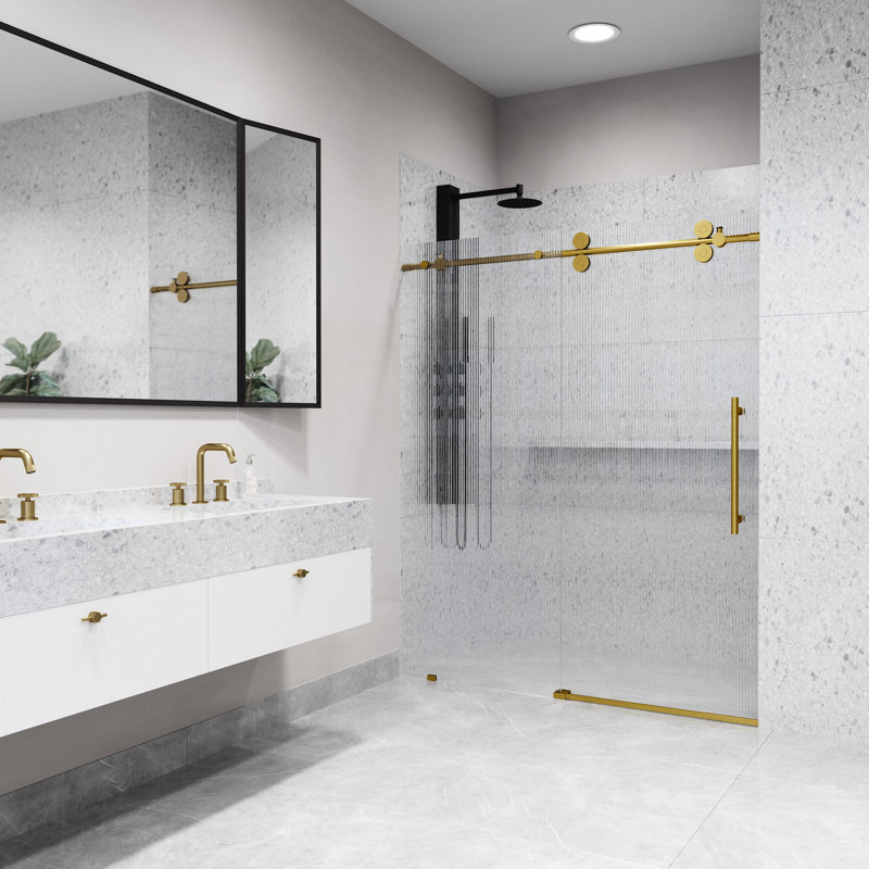 Elan 56-60" W x 74" H Sliding Frameless Shower Door with 3/8" Fluted Glass, Matte Brushed Gold