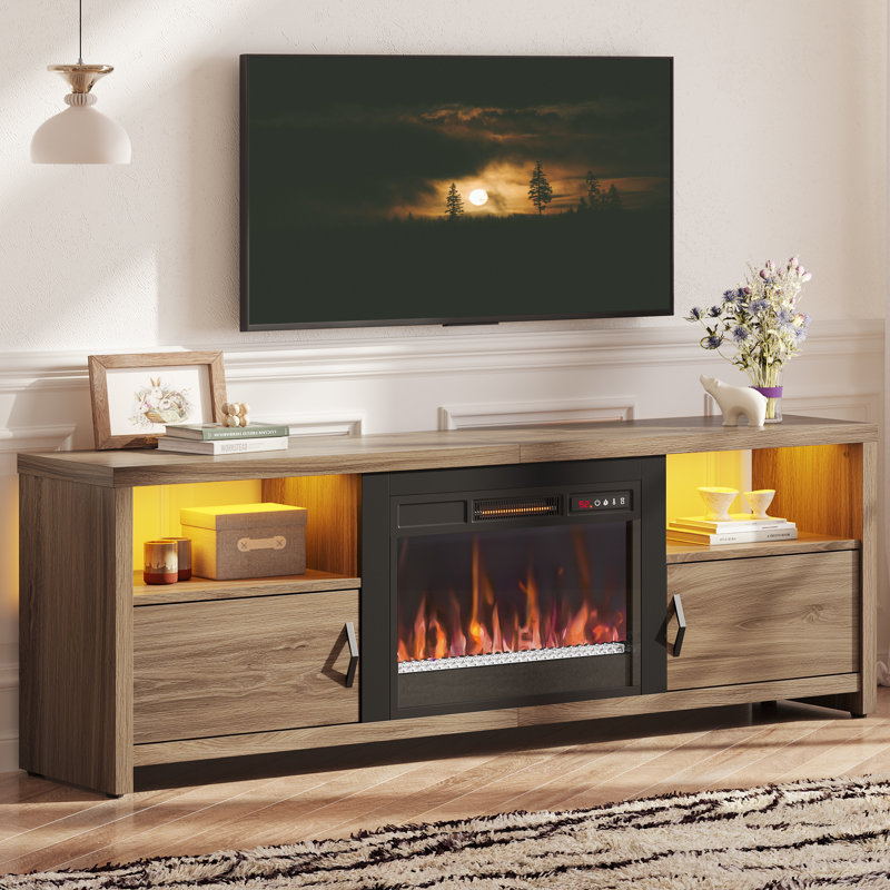 Brahma 71" W TV Stand with Electric Fireplace and LED Lights, Oak