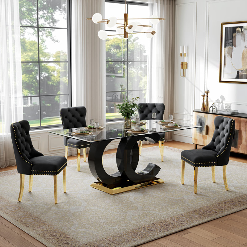 5-Piece Glass Dining Table Set, 70" Rectangular Tempered Glass Table with OC-Shaped Base and 4 Tufted Velvet Dining Chairs, Elegant Modern Style