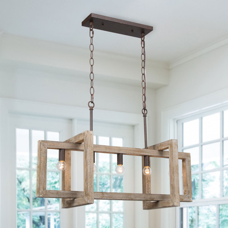 Lustre rectangulaire pour îlot de cuisine à 5 lumières avec détails en bois Aztlan