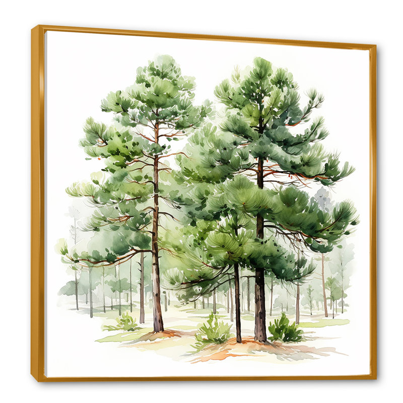 Aquarelle, pin vert, forêt, art mural, Or, H 16 po x l 16 po