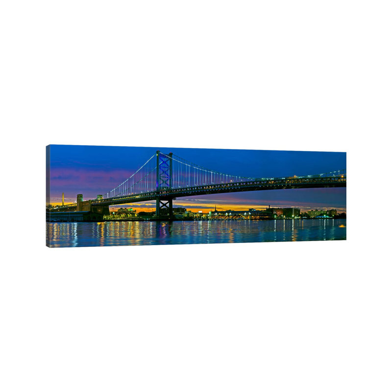 Suspension Bridge Across A River, Ben Franklin Bridge, River Delaware, Philadelphia, Pennsylvania, USA - Wrapped Canvas Panoramic Print