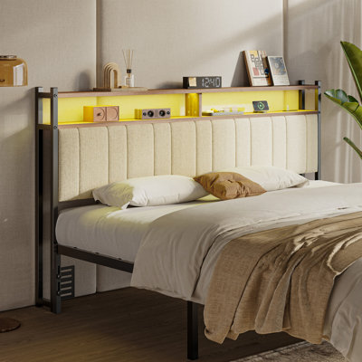 Storage Upholstered Headboard Metal Headboard With Charging Station LED Light And USB Port