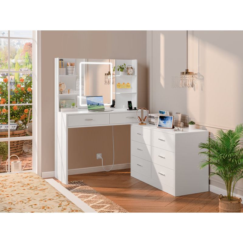 Bureau de maquillage pour meuble-lavabo avec miroir lumineux à DEL et prise de courant, 8 tiroirs, 6 tablettes de rangement, 3 modes de couleurs et coiffeuse à luminosité réglable, meuble-lavabo de coin, changement de forme en L, bureau de 39,4 po