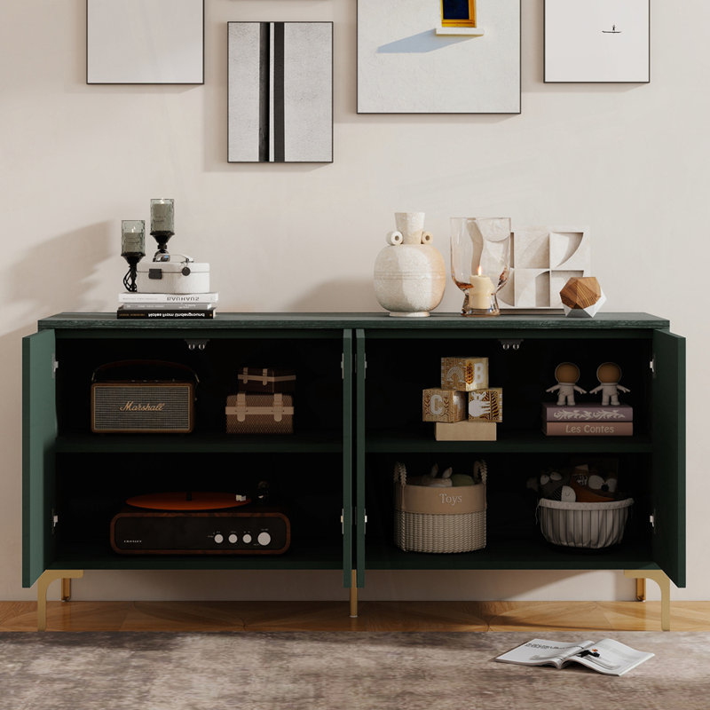  Buffet 60 "avec triangles géométriques et tablettes réglables, armoire de rangement pour la salle à manger, vestibule, Vert