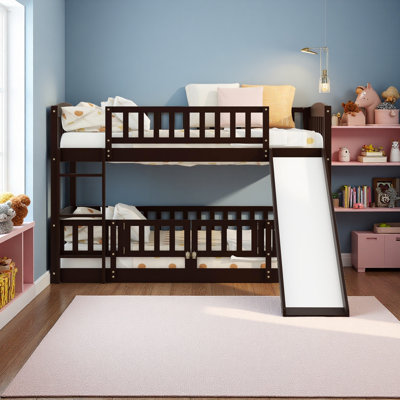 Lit superposé avec glissade, lit superposé simple au-dessus de simple avec clôture et échelle pour enfants adolescents