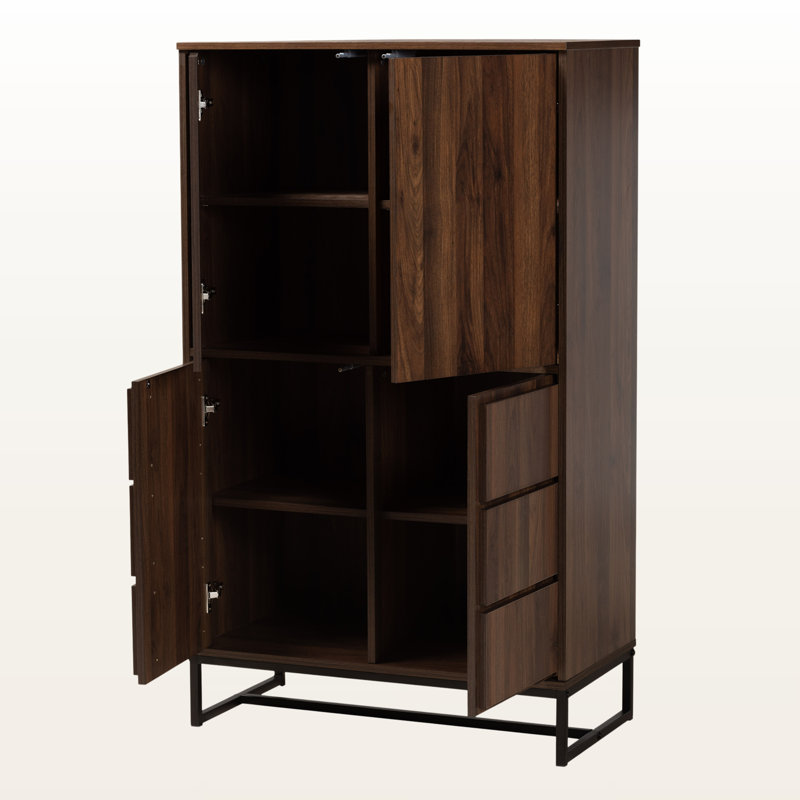 Torian Panel Door 8-Internal Shelf Walnut & Black Storage Cabinet, 52.95" H X 31.15" W X 15.38" D