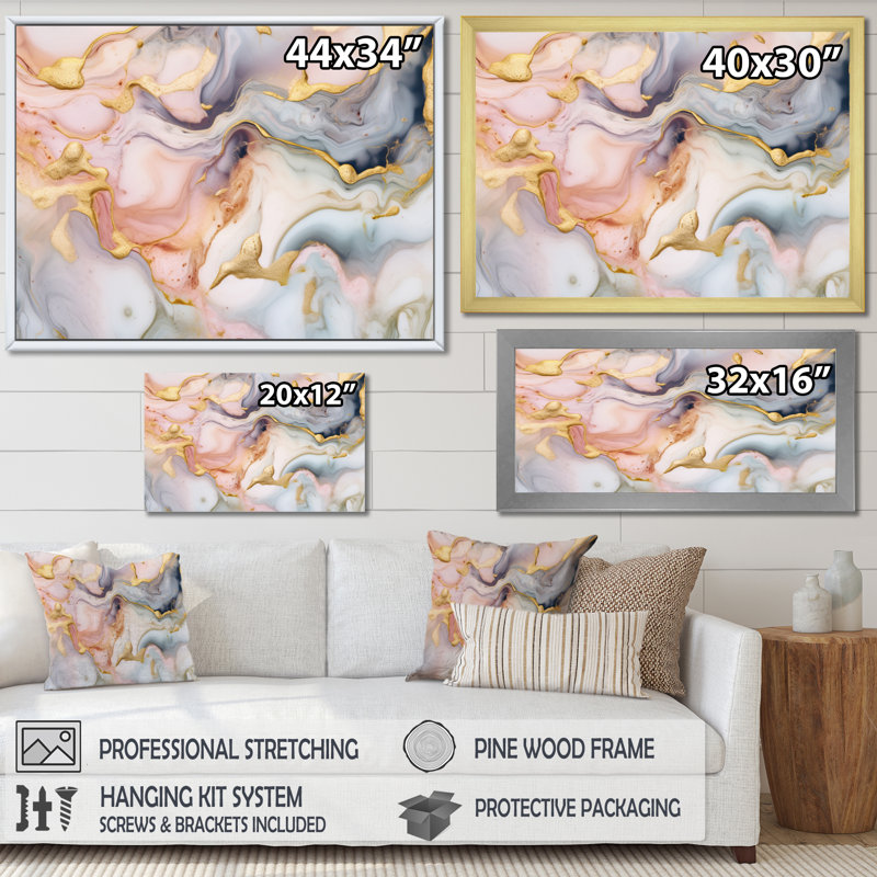 Rose et or liquide, art à l'encre tendre I - art mural grand fractales, H 24 po x l 32 po x P 1 po, Toile tendue