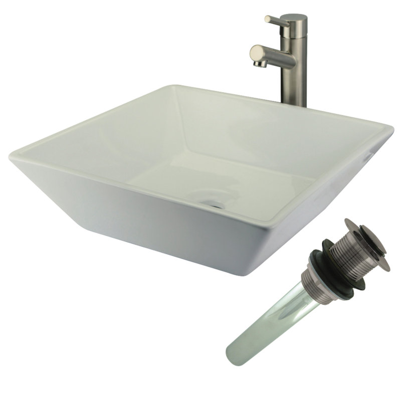 Fauceture Ceramic Square Vessel Bathroom Sink with Faucet, Brushed Nickel
