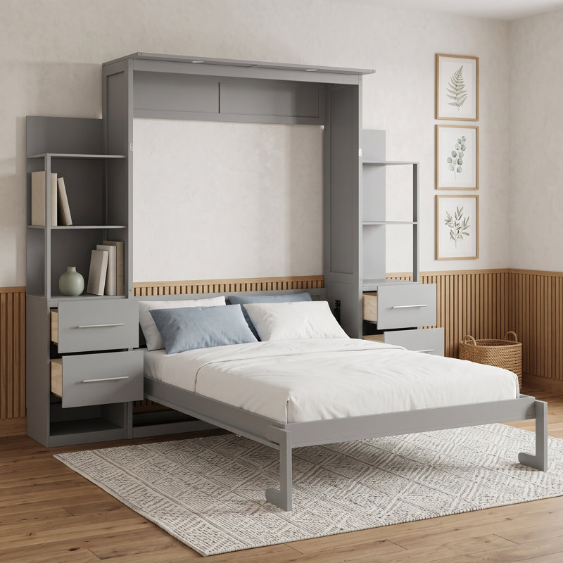 Murphy Bed Wall Bed with Shelves, Drawers and LED Lights, Gris, Lit double