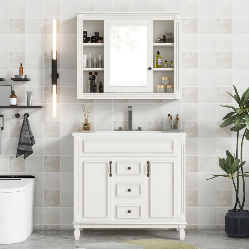 Meuble-lavabo de 36 po avec lavabo supérieur, armoire à miroir blanche, armoire de rangement moderne avec 2 portes à fermeture douce et 2 tiroirs, meuble-lavabo simple