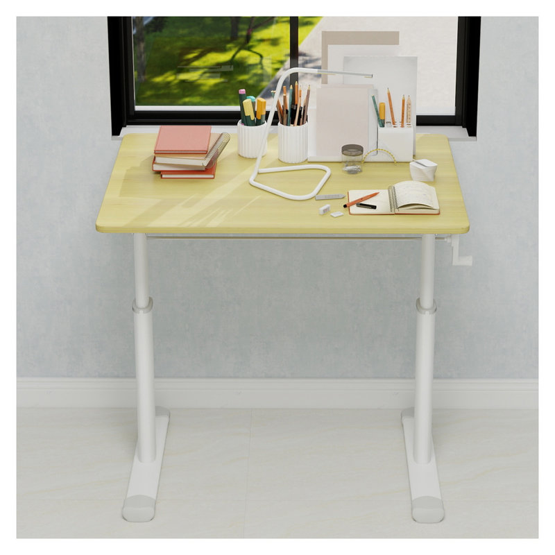 Bureau debout à hauteur ajustable - Bureau à hauteur réglable à manivelle, bureau d'ordinateur ergonomique compact avec plateau en bois naturel, cadre blanc (60 cm x 80 cm) - Convient aux adultes et aux enfants