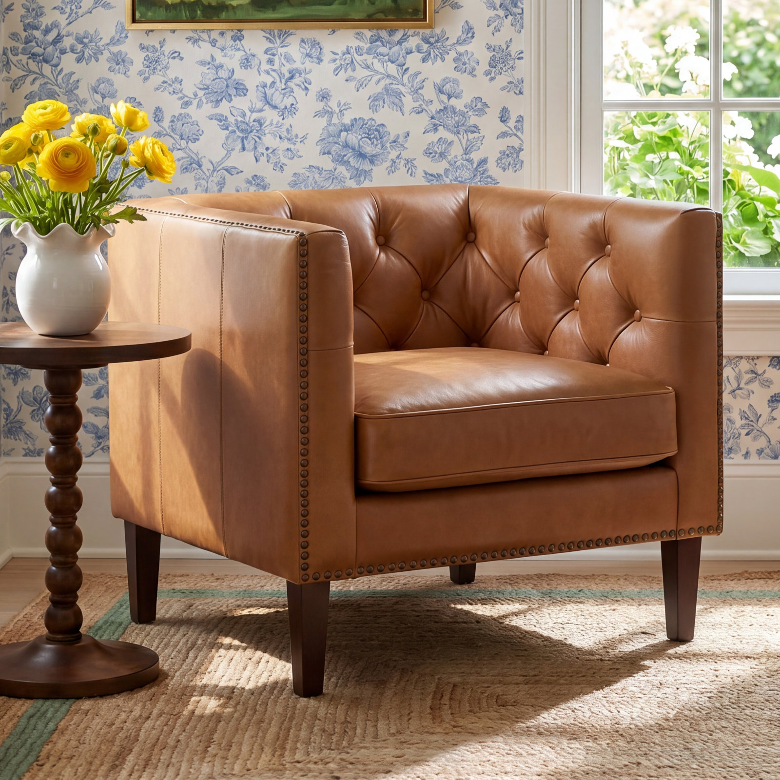 Woodford Genuine Leather Barrel Chair