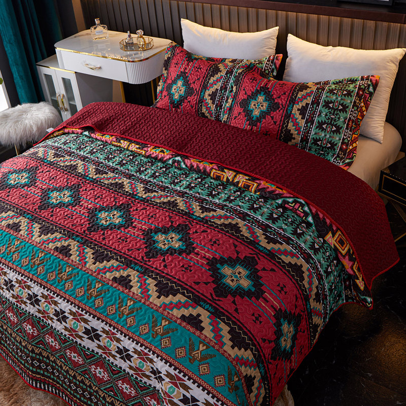 Ensemble de courtepointe pour grand lit Boho - Couvre-lit bohémien léger pour la décoration de chambre à coucher (bourgogne)