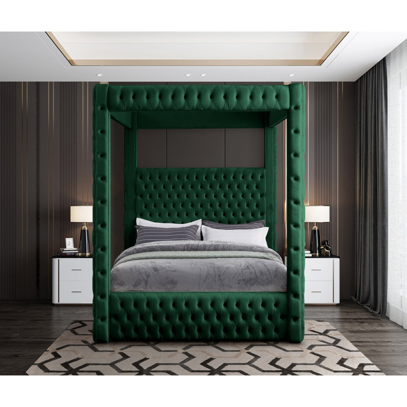 Très grand lit plateforme tapissier Ekke, Velours vert, Grand