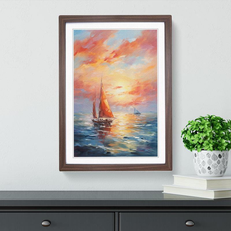 Seascape Impressionism - Single Picture Frame Print on Wood, 34cm H x 25cm W x 2cm D, Walnut Framed