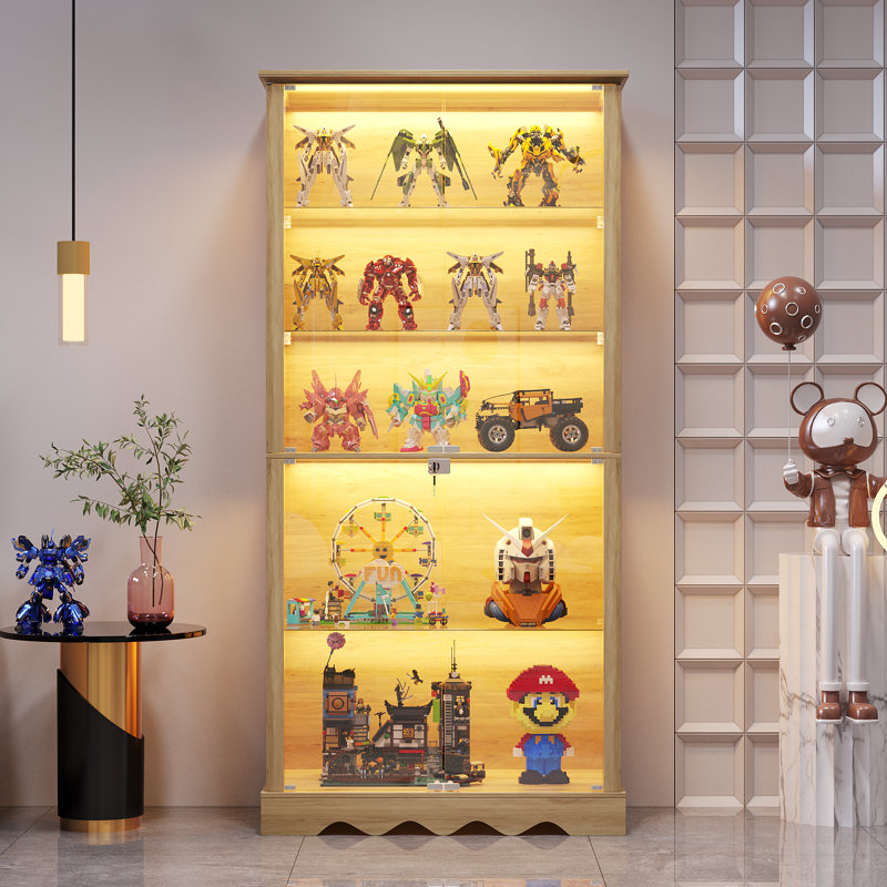 5-Tier Glass Display Cabinet with Tri-Color Sensor Light  and Lock, Natural