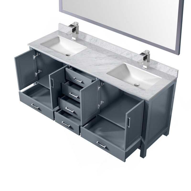 Meuble-lavabo double gris foncé de 72 po X P 22 po , Comptoir en marbre de Carrare, ensemble de robinet et Miroir