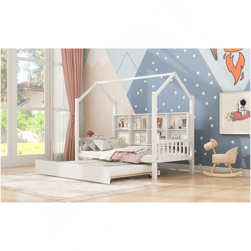 Lit simple en bois avec lit gigogne en bois, lit pour enfant avec tablette, blanc, Lit simple