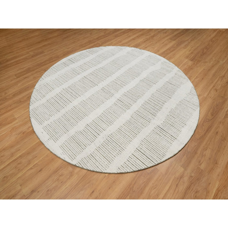 Tapis oriental rond blanc crème en laine naturelle non tissée 8 pi x 8 pi tissé à la main avec velours texturé