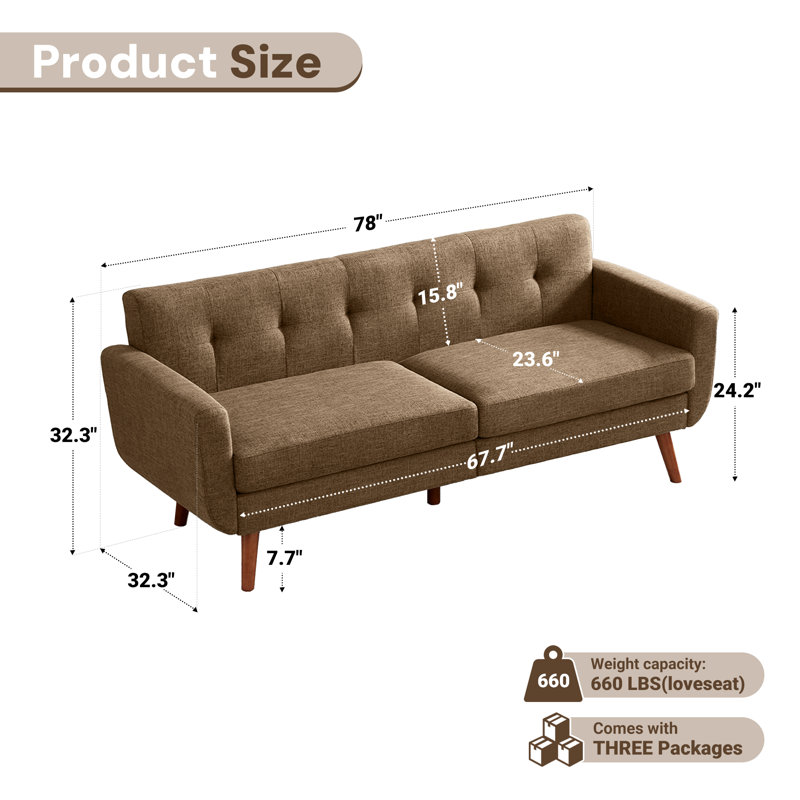 Delanie Cattaleya 78" Mid Century Modern Square Arms Linen Upholstered Sofa, Brown